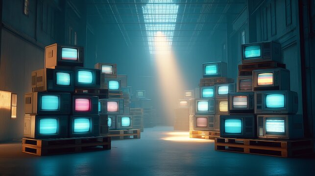 Stacks of old televisions glow in a dark room, placed on wooden pallets under a bright light beam.
