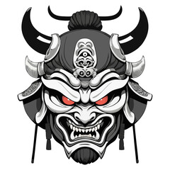 Horned Japanese warrior demon mask in detailed vector illustration great for cultural art tattoos and Asian folklore inspired design projects