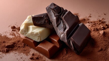 Three chocolate bars are stacked on top of each other, with a white one in the middle. Concept of indulgence and pleasure, as chocolate is often associated with comfort and happiness