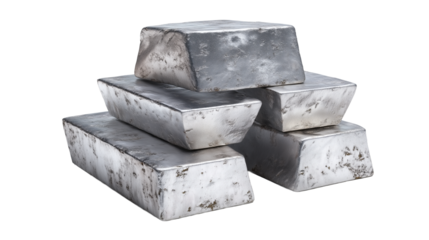 Recycled aluminum ingots stacked elegantly against a white background with soft natural lighting