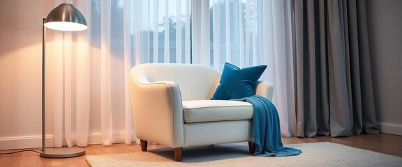 White armchair, blue throw, cushion, sheer curtains, window, modern living room,  fabric,  window