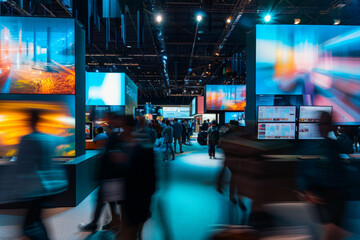 Tech exhibition with large screens displaying futuristic visuals, blurred crowds in motion, atmosphere of innovation. Scene of technology , perfect for modern tech themes