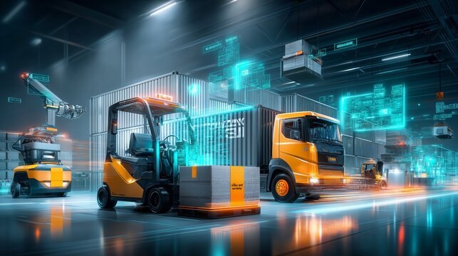 A forklift and truck are in a warehouse with containers, robot arm, and data overlays for automation.
