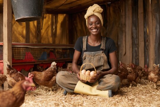 Happy Chicken Farmer Portrait: African Woman Holding Fresh Eggs in Chicken Coop. Sustainable Agriculture, Rural Lifestyle, Natural Light