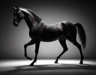 A black horse in mid-gallop against a white background, showcasing grace and movement.
