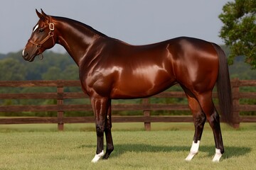 Edles braunes Pferd im Profil auf gepflegter Koppel bei Tageslicht
