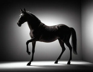 Fototapeta premium A black horse in mid-gallop against a white background, showcasing grace and movement.