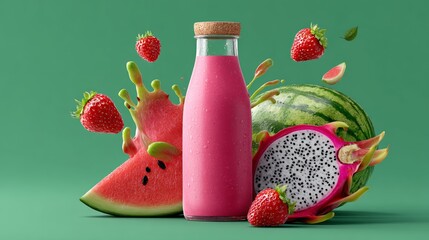 Glass of pink juice is surrounded by watermelon and strawberries. The juice is poured out of the glass, creating a splash. Concept of freshness and vitality, as the fruits and juice are all natural