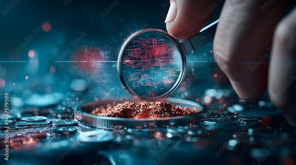 Poster a futuristic image depicting a close up view of a digital holographic analysis displaying data over 