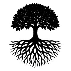 black silhouette of a tree with intricate roots and branches minimal vector design for nature art environmental themes growth logo eco-friendly symbols or organic design illustrations