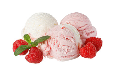 Scoops of ice cream with raspberries and mint on transparent background