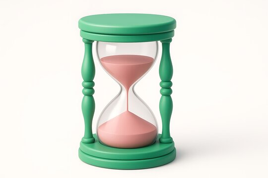 3d cartoon hourglass with pastel green frame and soft pink sand symbolizing time countdown patience or scheduling concept