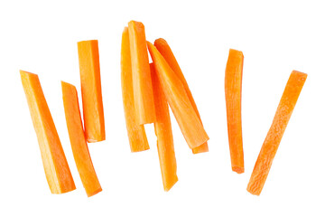 Fresh carrot sticks falling on transparent background