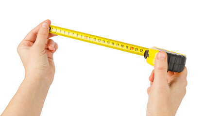 Hands holding measuring tape on transparent background
