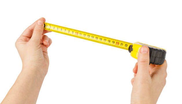 Hands holding measuring tape on transparent background