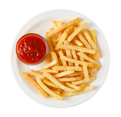 French fries with ketchup on white plate with transparent background