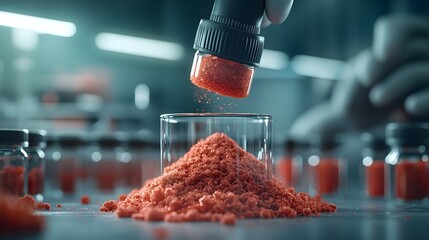 Close up image of a glowing red powder and crystal sample under laboratory lighting conditions