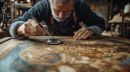 Meticulous Art Restoration: Skilled Craftsman Preserving Antique Painting