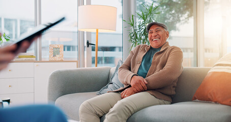 Tablet, funny and smile with nurse and old man on sofa for counseling, psychologist and laughing...