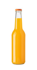 Glass bottle containing refreshing orange juice on transparent background