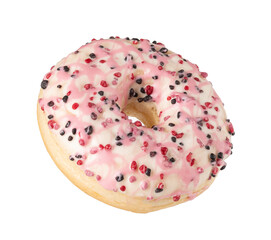 Delicious donut with pink frosting and sprinkles on transparent background