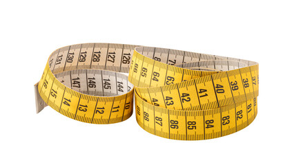 Yellow measuring tape coiled and showing numbers on transparent background
