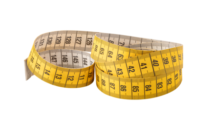 Yellow measuring tape coiled and showing numbers on transparent background
