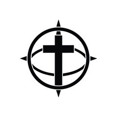 Minimalist black cross symbol with circular compass design representing faith spirituality and compassion on white background