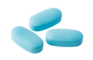 Fototapeta na wymiar Three light blue pharmaceutical pills on transparent background