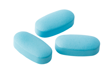 Three light blue pharmaceutical pills on transparent background