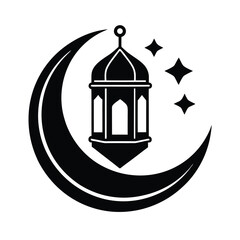 A minimalist black and white ramadan kareem greeting featuring a lantern crescent moon and stars in a simple illustration.