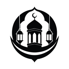 A minimalist black and white vector illustration of an islamic mosque with lanterns and a crescent moon symbol.