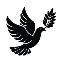 Symbolic representation of peace a black dove carrying an olive branch in flight against a white background vector illustration