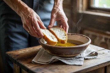 Hands dipping fresh crusty bread into steaming soup served in an earthenware bowl. Rustic wooden table setting with natural light from window.
