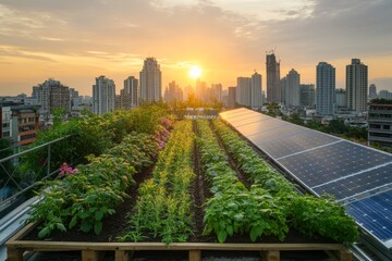 Fototapeta premium Urban rooftop garden with solar panels at sunset.