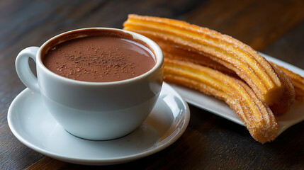 Churros with Hot Chocolate: A tempting image showcases a steaming cup of rich hot chocolate accompanied by golden, crispy churros on a rustic wooden surface, evoking warmth and sweet indulgence.