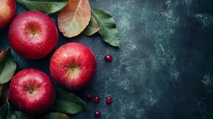 Freshly picked vibrant red apples with dew drops on a dark background