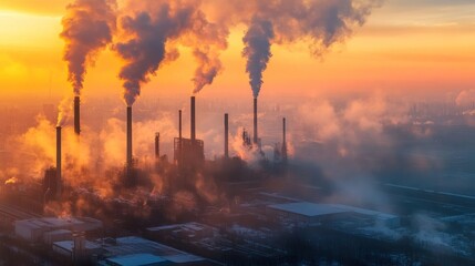 Obraz premium Industrial smokestacks releasing emissions at sunset