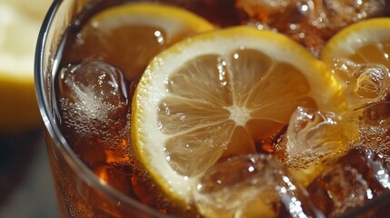 Refreshing Iced Tea with Lemon and Ice Cubes close-up view