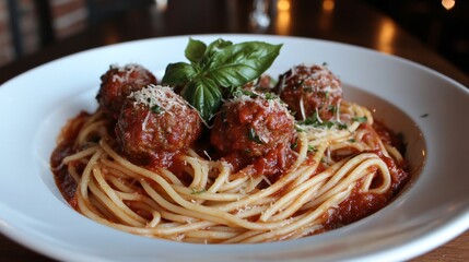 Delicious Spaghetti with Meatballs in Tomato Sauce served on a plate