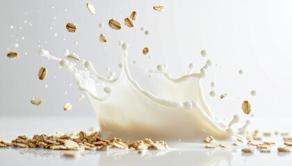 Obraz premium Milk splashing with oats kitchen setting food photography minimalist style close-up view health
