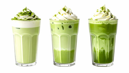 Matcha Latte Variations:  A trio of tantalizing matcha lattes, each featuring a unique swirl of cream and matcha, promises a delectable and refreshing beverage experience. The creamy.