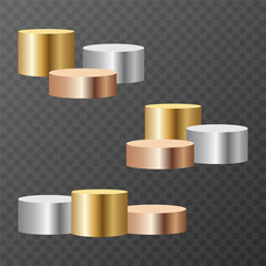 Round podium stand. Realistic empty platform.for three winning places. bronze,gold,silver.Vector illustration