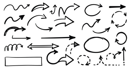 This digital drawing features a variety of hand-drawn, stylized arrows and arrow-like shapes, showcasing different directions and orientations against a white background.