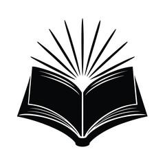 A bold black and white illustration depicting an open book with radiating lines symbolic of knowledge and enlightenment