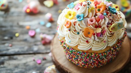 Delicious cupcake with colorful sprinkles and buttercream frosting flowers
