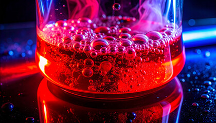 Bubbling chemical reaction experiment laboratory photography dark environment close-up science