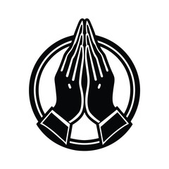 Elegant black and white illustration of hands clasped in prayer within a decorative circular frame