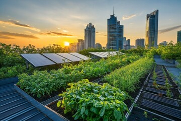 Fototapeta premium Urban rooftop garden with solar panels at sunset.