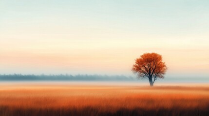Solitary tree in a tranquil autumn landscape.
